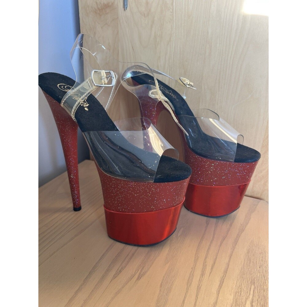 Pleaser Women’s US 8 Red Glitter Platform Stiletto Heels Clear Ankle Strap